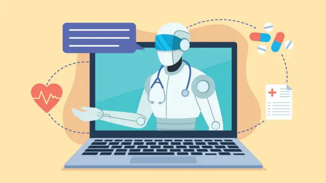 Ilustração representando um robô vestido de médico aparecendo da tela de um laptop