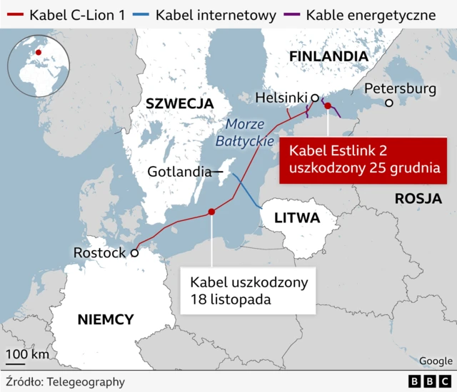 Mapa podwodnych kabli w Morzu Bałtyckim