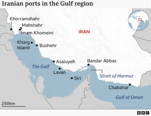 A map graphic showing the ports on the Iranian coastline