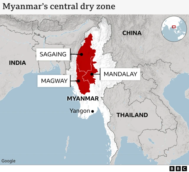 Taswirar ƙasar Myanmar da ke nuna busasshen yanki na ƙasar, ciki har da yankunan Sagaing, Magway da Mandalay