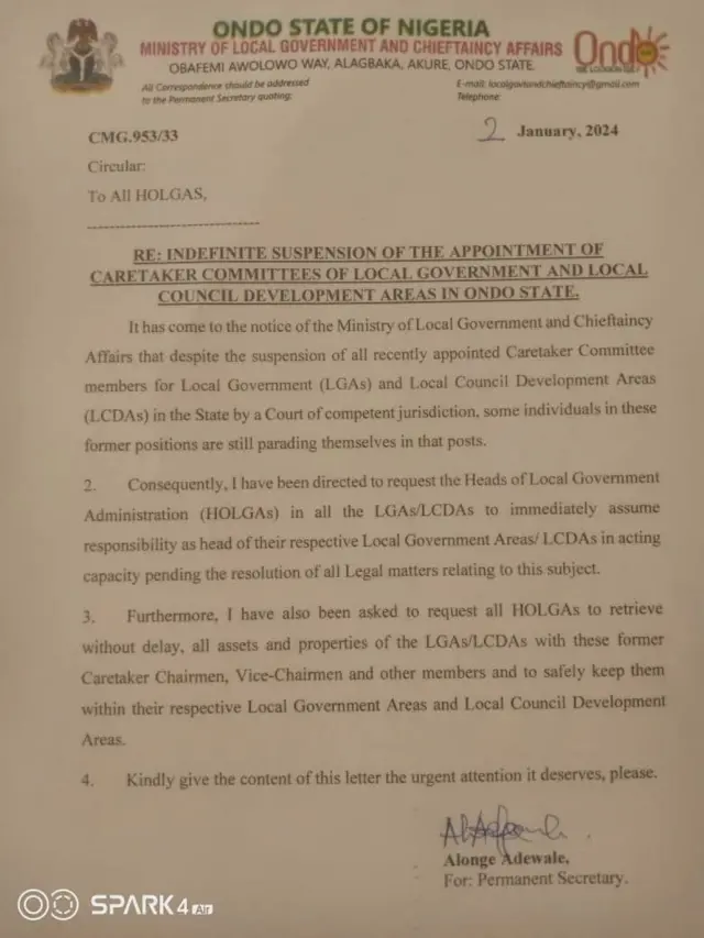 Aworan iwe ti adari ijọba ipinlẹ kọ si awọn adele alaga ìjọba ibilẹ 