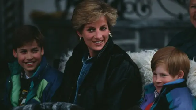 Prince William (left) Princess Diana, Prince Harry on a skiing trip together