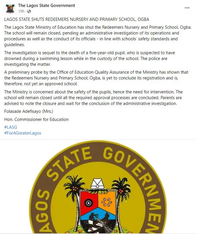Lagos State Ministry of Education shut Redeemers Nursery and Primary School
