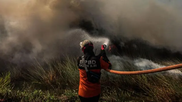 Petugas dari BPBD berupaya memadamkan api di Ogan Hilir, Sumatra Selatan pada 1 September 2023
