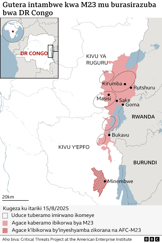 Ikarita igaragaza gutera intambwe kwa M23 mu burasirazuba bwa DR Congo, kugeza ku itariki ya 15/8/2025.