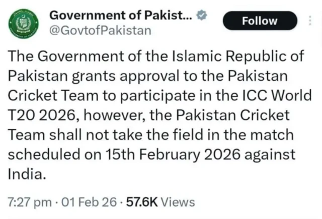 ਪਾਕਿਸਤਾਨ ਸਰਕਾਰ ਦਾ ਭਾਰਤ ਵਿਰੁੱਧ ਮੈਚ ਦੇ ਬਾਈਕਾਟ ਦਾ ਐਲਾਨ