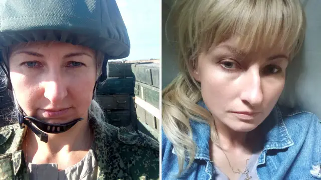 Коллаж из двух фотографий молодой светловолосой женщины: на одном снимке она в военной форме, на другой — в джинсовой куртке с крестиком на груди