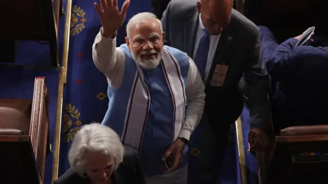 Prime Minister Narendra Modi waves as he departs after delivering remarks to a joint meeting of Congress at the U.S. Capitol on 22 June, 2023 in Washington, DC