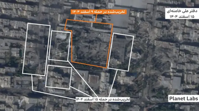 مناطقی که با کادر سفید مشخص شده در اثر حمله دوم اسرائیل تخریب شده‌اند