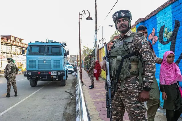Heavy security deploys outside the Government hospital where tourists receive treatment after being injured in a militant attack in Pahalgam, Jammu and Kashmir, India, on April 23, 2025