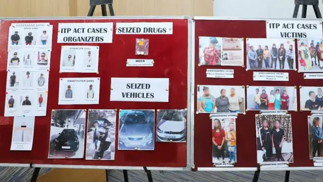 যৌন ব্যবসার চক্র থেকে ধৃতদের ছবি (বাঁ দিকে), উদ্ধার হওয়া নারীদের ছবি (ডান দিকে)