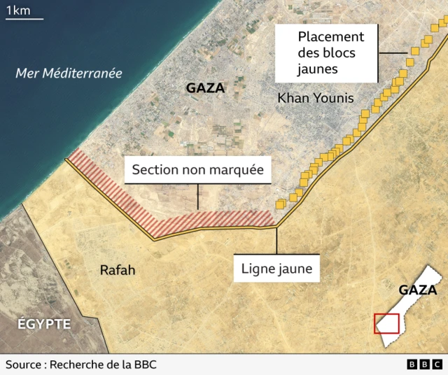 Un graphique de la BBC illustrant les endroits où l'armée israélienne n'a pas encore placé de blocs jaunes au 11 janvier.