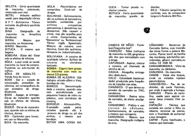 Trecho do glossário com destaque ao termo "bomba", descrito como "cigarro bem grossoslots 777 paga mesmomaconha com mais ou menos 2,5 gramas"