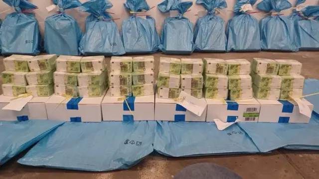 Пачки єврових банкнот складені у кілька рівних рядів на білих коробках, перетягнутих синіми стрічками. За ними стоїть ряд великих синіх мішків, щільно зав’язаних угорі. На підлозі теж розкладені сині пакети, що створюють фон для коробок і грошей.