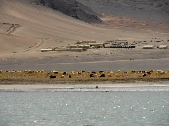 Sunlight is glistening on a lake in the foreground, with animals grazing on a strip of green land behind it. Further back, there is a small settlement at the base of a mountain.