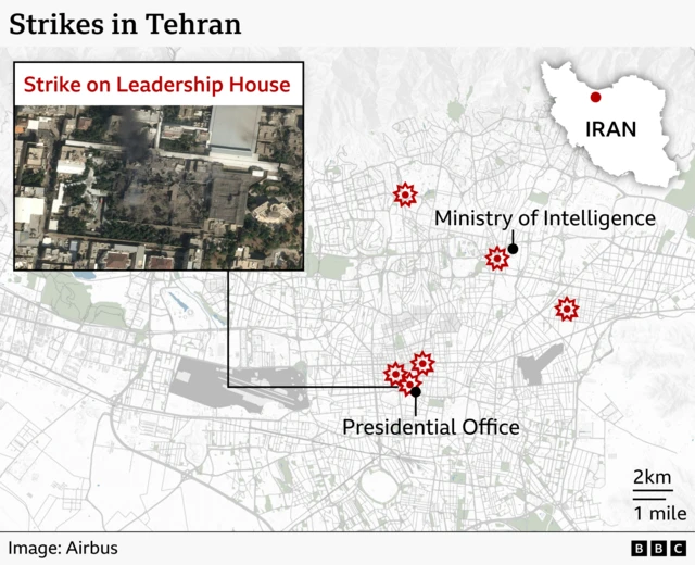 Map shows location of strikes in Tehran close to strategic locations