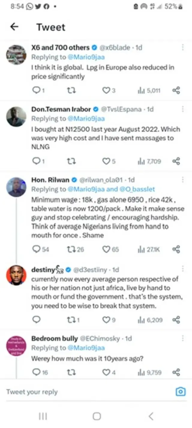 Nigerians discuss about di reduced price of cooking gas