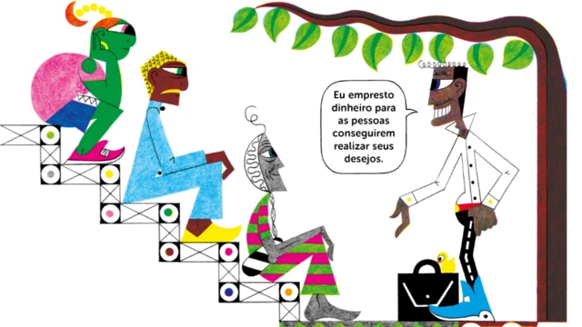 Ilustração de três pessoas sentadas em uma escada ouvindo uma quarta pessoa, de pé, dizer que empresta dinheiro para as pessoas conseguirem realizar seus desejos.