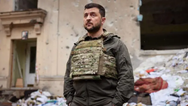 President of Ukraine Volodymyr Zelenskyy visits the Kharkiv region in a safety vest