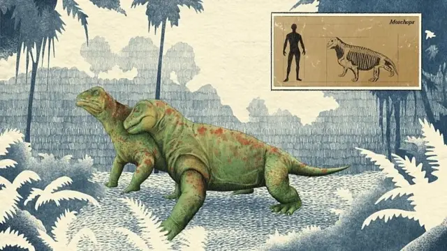 Une illustration de ce que sont deux Moschops, des lagartos quatre-pieds verts avec des manches rouges, qui sont hautes au pecho d'une personne. 