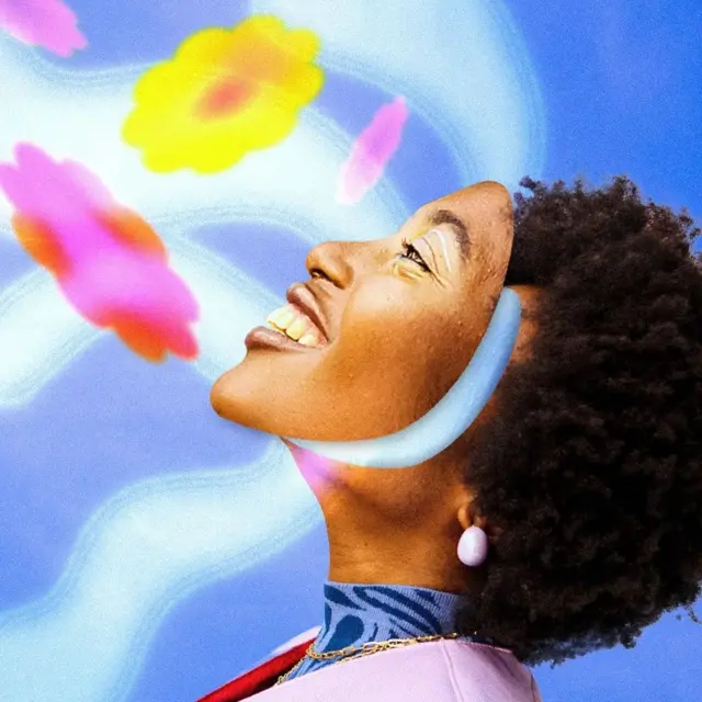 A side profile of woman as she tilts her head backwards and looks up while smiling. The background is blue with yellow, pink and light blue patterns.
