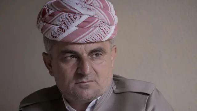 Мужчина средних лет в головном платке и коричневой куртке