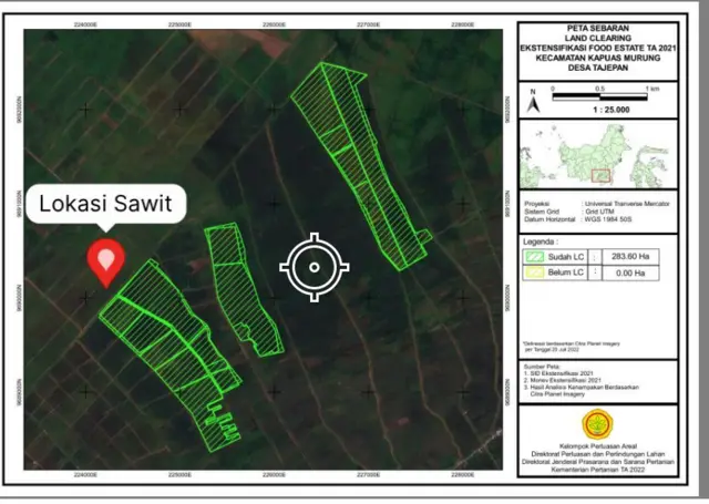 Kementerian Pertanian melampirkan peta lahan Food Estate bersebelahan dengan lahan sawit.
