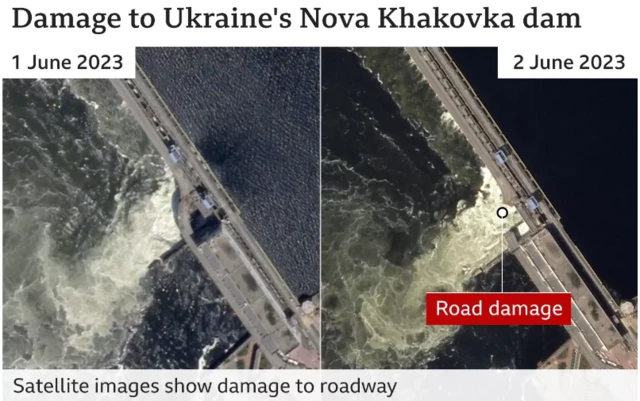 Satellite images show part of di road wey di water don spoil