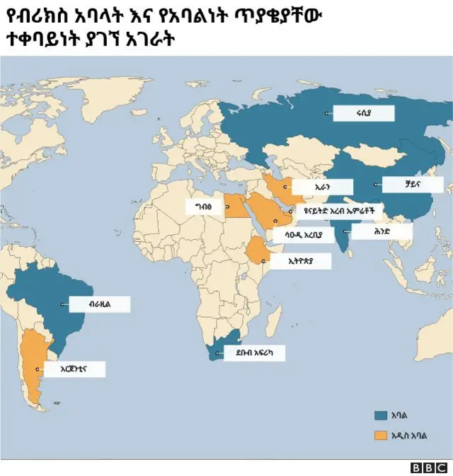 የብሪክስ አባል አገራትን የሚያሳይ ካርታ 