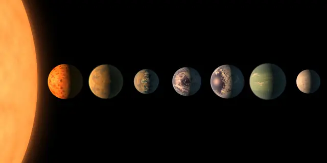 Esta ilustração artística mostra como o sistema planetário TRAPPIST-1 pode ser