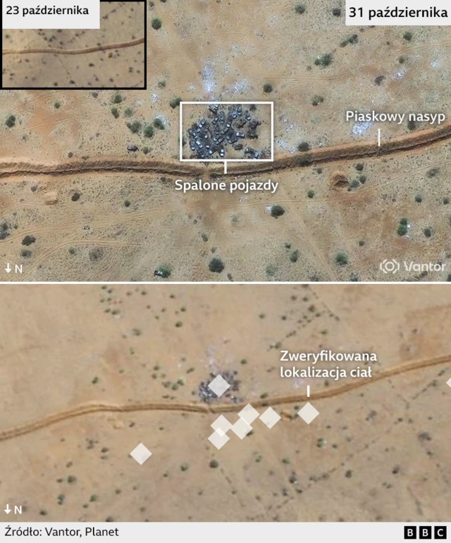 Zdjęcie satelitarne przedstawiające nasyp z piasku i grupę spalonych pojazdów w pobliżu Al-Faszir. Na drugim zdjęciu poniżej lokalizację zwłok zaznaczono diamentowymi markerami.