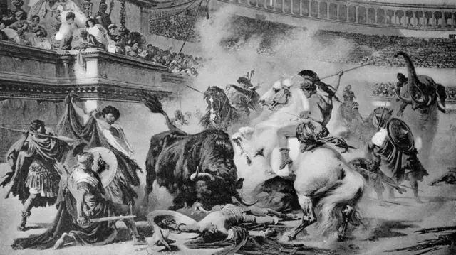 Ilustrasi pertunjukkan perburuan hewan di Colosseum