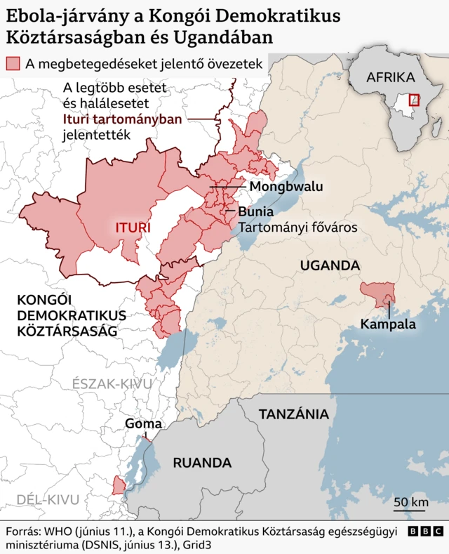 A Kongói Demokratikus Köztársaság térképe, amely bemutatja azokat a területeket, ahol ebolás megbetegedést regisztráltak, valamint Ugandát, ahol szintén jelentettek eseteket.
