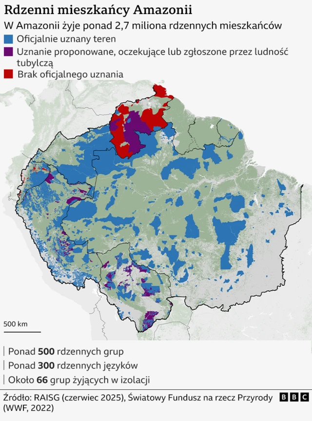Infografika przedstawiająca mapę terytoriów rdzennych mieszkańców Amazonii i fakty na temat ludności tubylczej