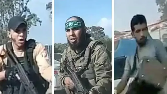  Nyuso za wanamgambo watatu walioshiriki katika shambulio hilo - zana za utambuzi wa uso zimefanana na mtu aliye na bunduki ya kati na picha za mtu aliyevalia sare za polisi huko Gaza.