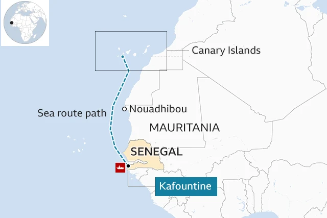 Map showing route form Kafountine to Canary Islands