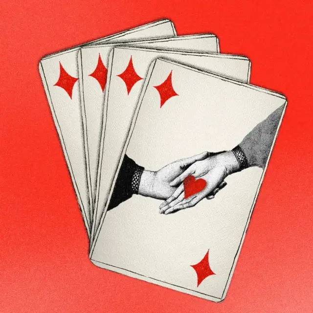 Чотири карти бубнової масті на червоному тлі. На верхній - одна рука тримає іншу, яка тримає червоне сердечко