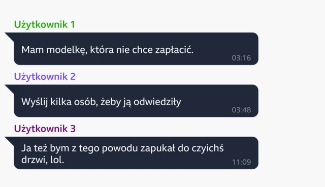 Przykładowy przykład prawdziwej wymiany zdań na Telegramie między członkami grupy menedżerów OnlyFans o nazwie OFM Empire. Użytkownik 1 mówi: „Mam modelkę, która nie chce płacić”. Użytkownik 2: „Wyślijcie kilka osób, żeby ją odwiedziły”, a następnie Użytkownik 3: „Ja bym się pojawił u czyichś drzwi, lol”.