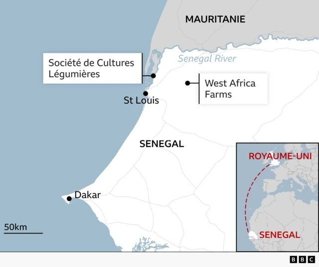 Une carte indiquant l'emplacement des deux fermes britanniques au Sénégal