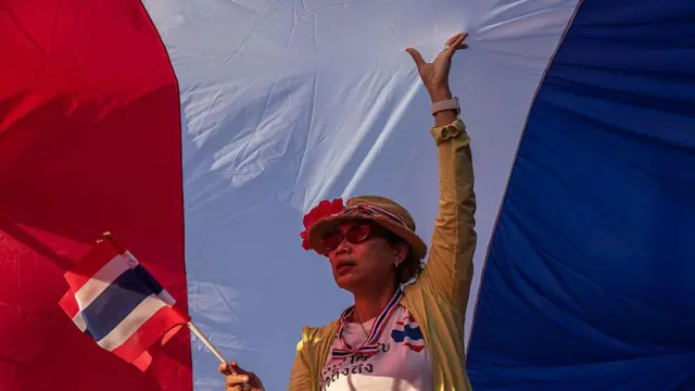 थाईलैंड का झंडा पकड़ी हुई एक महिला