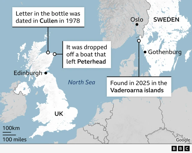 Map showing Cullen, Peterhead, the North Sea and Sweden.