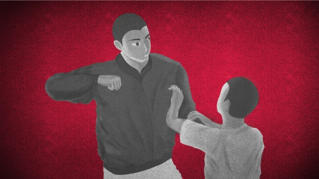 An illustration of a guard punching a conscript or detainee
