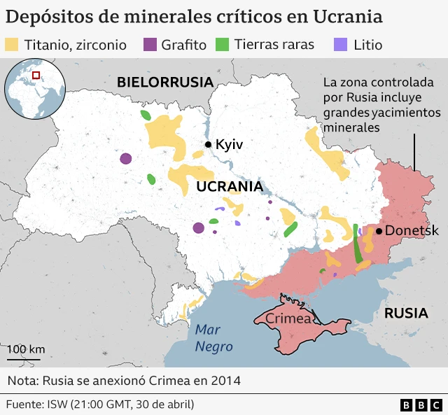 Mapa de los minerales estratégicos en Ucrania.