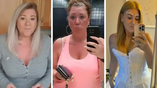 Três fotos de Tanya em diferentes estágios de sua perda de peso. Na primeira foto, à esquerda, ela está usando uma blusa cinza; na foto do meio, ela está na academia; e na terceira foto, ela já emagreceu, está usando um top corset branco e sorrindo para a câmera.