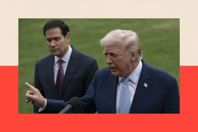Donald Trump (R) speaks to the press. Marco Rubio (L) is seen in the background