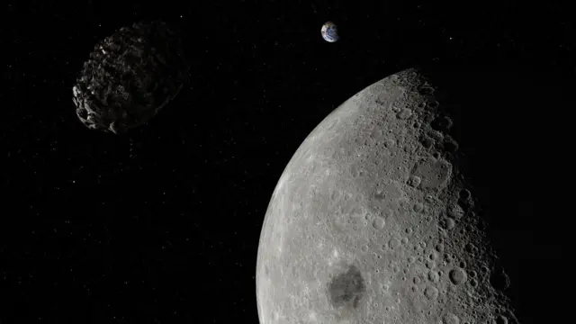 A large iron asteroid on collision course toward the Moon with the Earth in the background, captured from space.