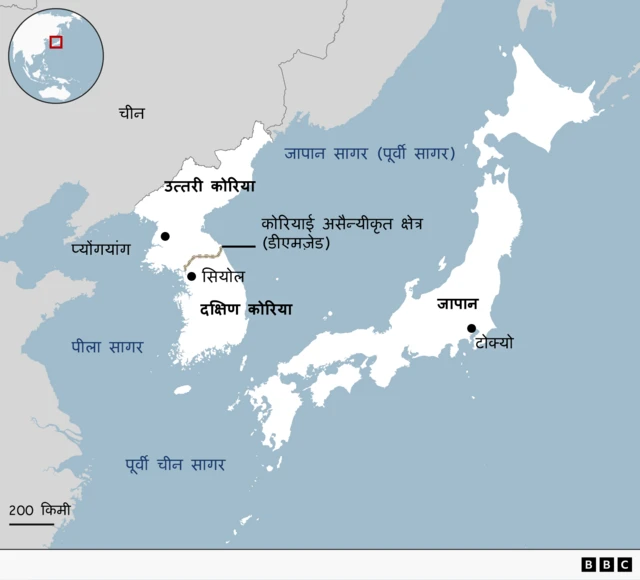 चीन, उत्तर कोरिया, दक्षिण कोरिया, जापान और इनकी राजधानियों को दिखाता हुआ नक्शा 