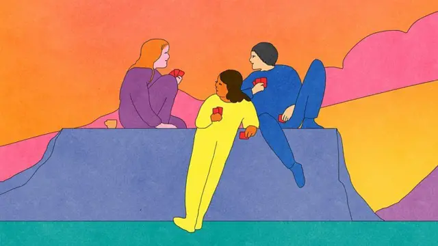 Desenho de três pessoas jogando cartas sobre uma pedra plana