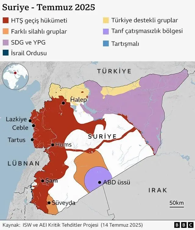 Suriye kontrol haritası, 2025 Temmuz tarihli. Ülkenin batısını geçiş hükümet, kuzeydoğusunu da SDG kontrol ediyor