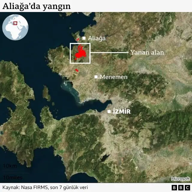 İzmir'deki yangın bölgesini gösteren NASA haritası